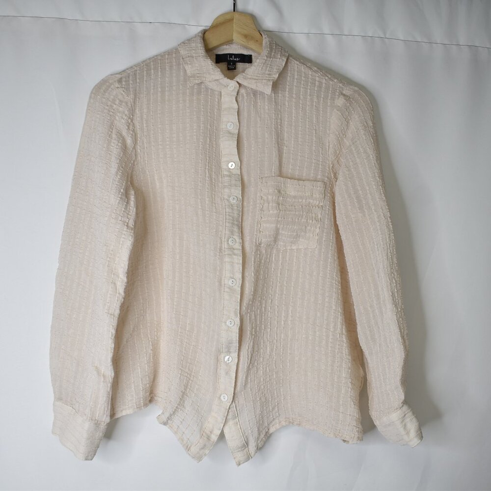 Lulus Women's Top Blouse Gauze Sheer Button Up Blush Long Sleeve